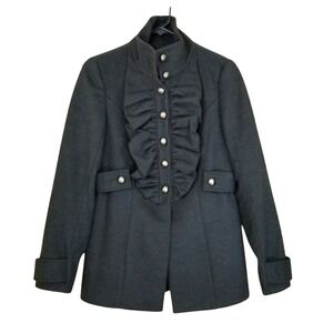MAC & JAC Dark Gray RUFFLE FRONT BIB JABOT Peacoat Jacket Coat MILITARY sz M